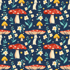 Retro groovy cottagecore seamless pattern with mushrooms, herbs and flowers.Bloom concept with agaric, amanita, daisy. Tile illustration for fabric, paper.Vintage fun 60s, 70s style background