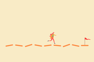 Business woman walking with challenge line. concept of Career path obstacle, business problem or risk