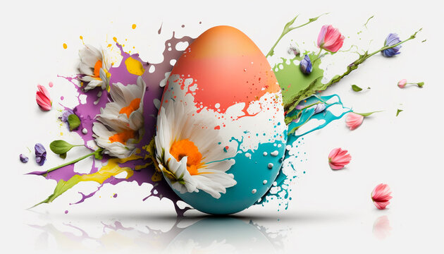 Egg flowers easter splash of paints and colors on a white background. Generative AI,