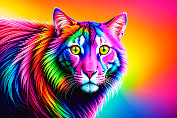 Colorful tiger on rainbow background. Generative AI.