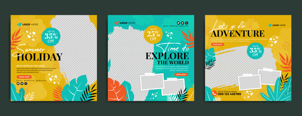 Travel and tourism business marketing social media post template with agency logo and icon. Holiday travel, traveling & summer beach travelling web banner. Sale promotion flyer with paint brush stroke