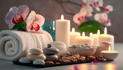 skin care spa set, decoration, candle and towels, oil bottle and green leaves and blossoms. Generative AI,