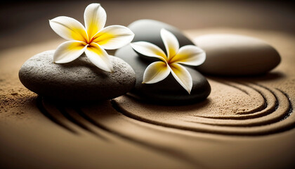 Obraz na płótnie Canvas Zen Stones with lines on spa sand and plumeria flower harmony concept. Generative AI,