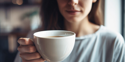 Close up of woman drinking coffee at home