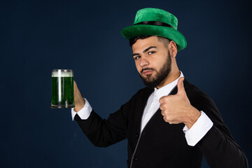 Irish culture and funny man with green beer.