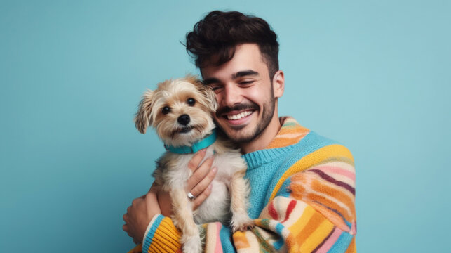 A cheerful man wearing vibrant attire shares a heartwarming embrace with his dog. Generative AI