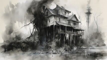 Scary horror mystical house in black and white colors