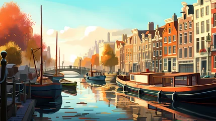 Afwasbaar Fotobehang Rotterdam Illustration of a beautiful city view on the river