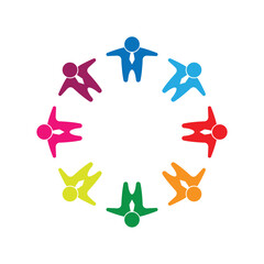 teamwork logo with group of eight people in circle	