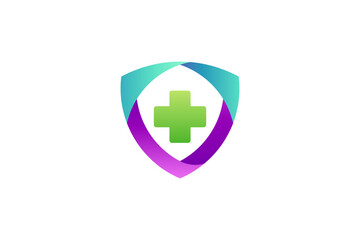 Shield and medical cross symbol creative logo design concept