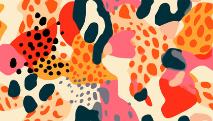 Hand drawn abstract pattern with leopard skin and various organic shapes. Collage contemporary print. Fashionable template for design