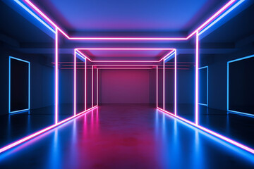 blue and pink neon lines in the room background. generative AI