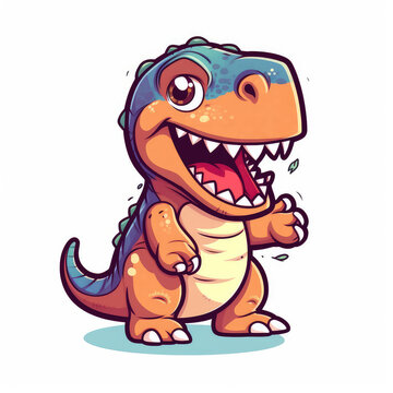 recommend clip art: Fun sticker baby dinosaur isolated on white background. Orange dino smiling, funny animal sticker cut-out. Generative AI flat illustration imitation.