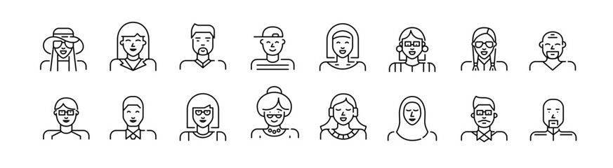 People of different ages, cultures, with different hairstyle and clothes icons. Pixel perfect, editable stroke icons set