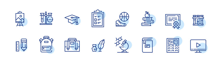 School related icons. Subjects, backpack, graduation cap and lunch. Pixel perfect, editable stroke line icons set