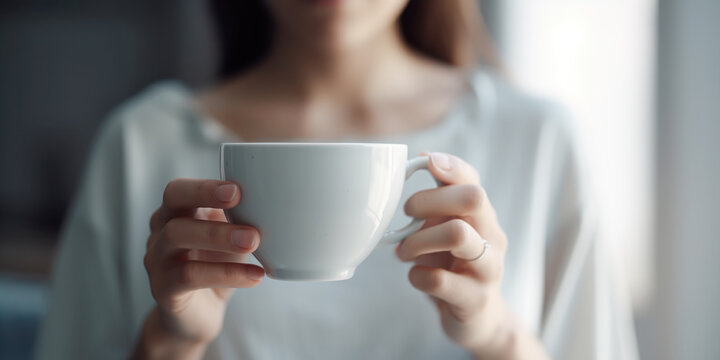 Close up of woman drinking coffee at home