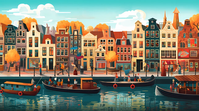 Illustration of a beautiful city view on the river