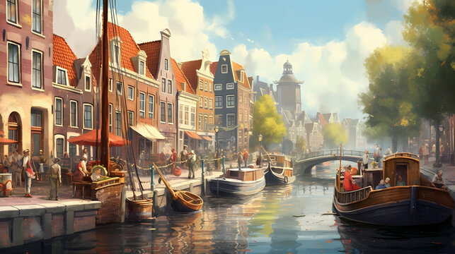 Illustration of a beautiful city view on the river