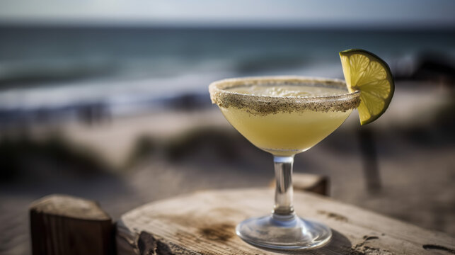 A shot of a frozen margarita in a salt-rimmed glass, against a beach or poolside setting