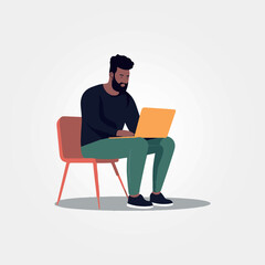 handsome man sitting working on his laptop, vector illustration