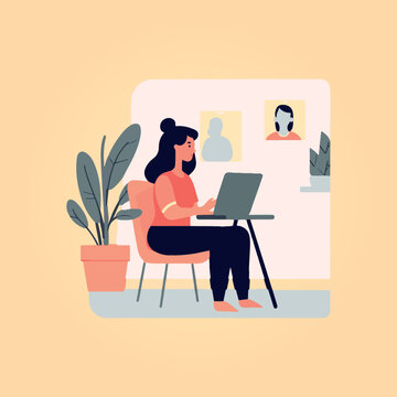 beautiful woman working on laptop in office, vector illustration