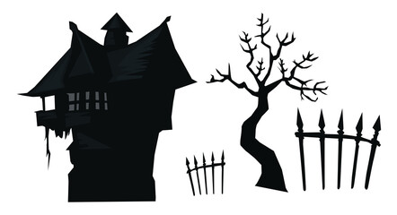 Halloween vector art of horror tree, house and gate .Halloween illustrations