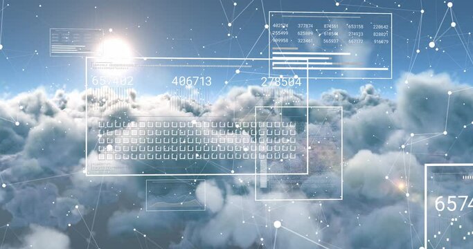 Animation of data processing over clouds background