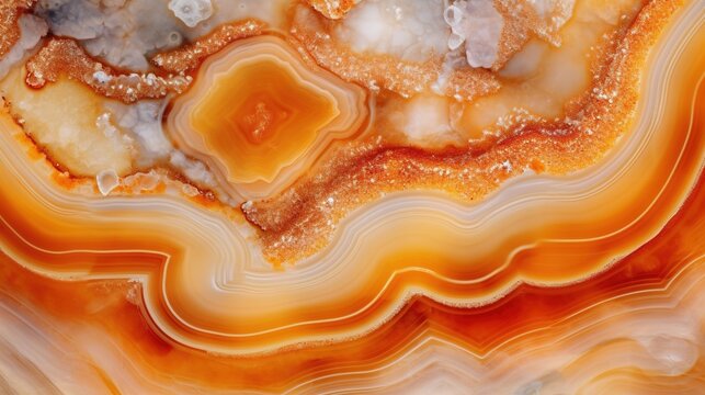 Generative AI, natural volcanic agate stones close-up light orange, apricot crush and golden texture. Wallpaper background, quartz marble, decorative rock pattern.
