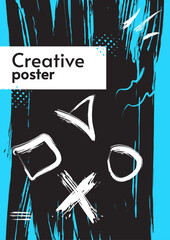 Abstract poster ink with dark backdrop, paint scratches, splashes and brushes. Modern poster for hipster. Design for cover, poster, banner, postcard, invitation.