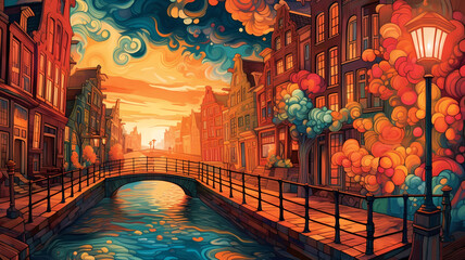 Illustration of a beautiful city view on the river