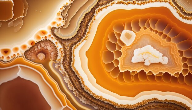 Generative AI, natural volcanic agate stones close-up light orange, apricot crush and golden texture. Wallpaper background, quartz marble, decorative rock pattern.