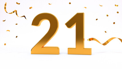 Happy 21 birthday party celebration. Gold numbers with glitter gold confetti, serpentine. Festive background. Decoration for party event. One year jubilee celebration. 3d render illustration.