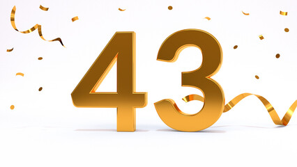 Happy 43 birthday party celebration. Gold numbers with glitter gold confetti, serpentine. Festive background. Decoration for party event. One year jubilee celebration. 3d render illustration. - obrazy, fototapety, plakaty