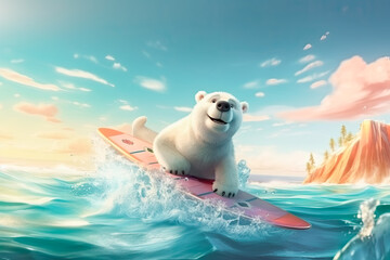 Fototapeta premium Oso polar haciendo surf en la playa,ilustracion de IA generativa