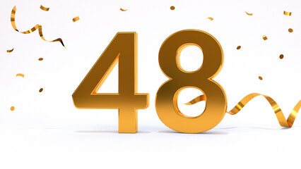 Happy 48 birthday party celebration. Gold numbers with glitter gold confetti, serpentine. Festive background. Decoration for party event. One year jubilee celebration. 3d render illustration.