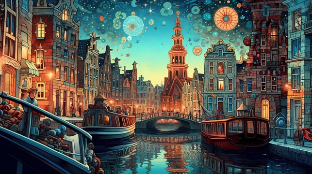 Illustration of a beautiful city view on the river