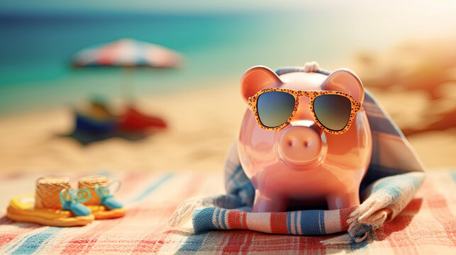 cerdito con gafas de sol en la arena e la playa en verano, concepto ahorro en vacaciones