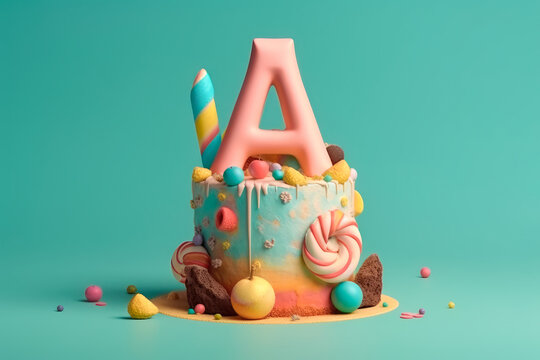 pastel o tarta de cumpleaños con una letra A en grande. ilustracion de IA generativa