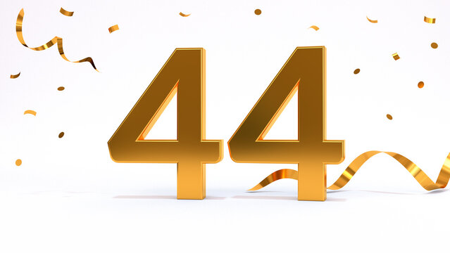 Happy 44 birthday party celebration. Gold numbers with glitter gold confetti, serpentine. Festive background. Decoration for party event. One year jubilee celebration. 3d render illustration.