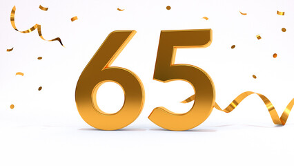 Happy 65 birthday party celebration. Gold numbers with glitter gold confetti, serpentine. Festive background. Decoration for party event. One year jubilee celebration. 3d render illustration.