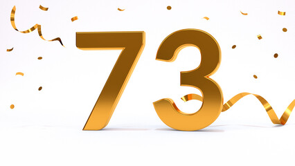 Happy 73 birthday party celebration. Gold numbers with glitter gold confetti, serpentine. Festive background. Decoration for party event. One year jubilee celebration. 3d render illustration.