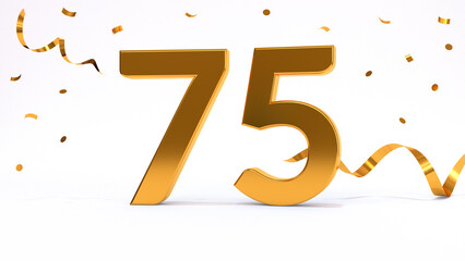 Happy 75 birthday party celebration. Gold numbers with glitter gold confetti, serpentine. Festive background. Decoration for party event. One year jubilee celebration. 3d render illustration.