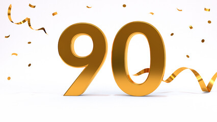 Happy 90 birthday party celebration. Gold numbers with glitter gold confetti, serpentine. Festive background. Decoration for party event. One year jubilee celebration. 3d render illustration. - obrazy, fototapety, plakaty