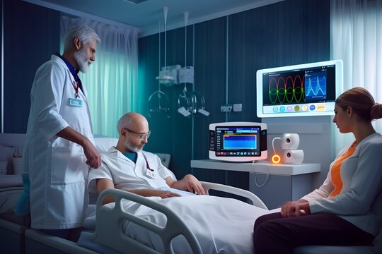 medical composition with people in futuristic clinic, ai tools generated image