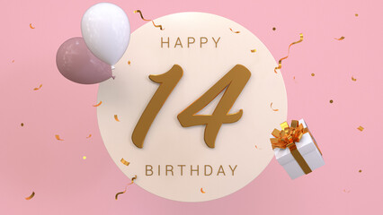 Elegant Greeting celebration 14 years birthday. Happy birthday, congratulations poster. Golden numbers with sparkling golden confetti and balloons. 3d render illustration. - obrazy, fototapety, plakaty