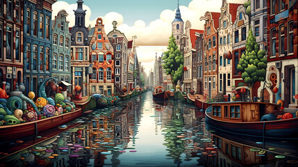 Obraz premium Illustration of a beautiful city view on the river