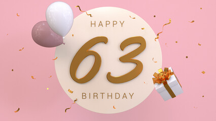 Elegant Greeting celebration 63 years birthday. Happy birthday, congratulations poster. Golden numbers with sparkling golden confetti and balloons. 3d render illustration.