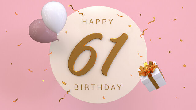 Elegant Greeting celebration 61 years birthday. Happy birthday, congratulations poster. Golden numbers with sparkling golden confetti and balloons. 3d render illustration.