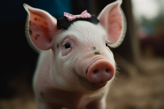 cute pig wearing ribbon on head