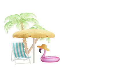 Summer rest. Sun lounger under an umbrella, flamingo palms. 3d rendering © Olga